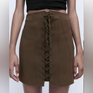 New ZARA Lace Up MINI SKIRT High Rise SIZE M Womens Olive Green Blogger Fav 8261
